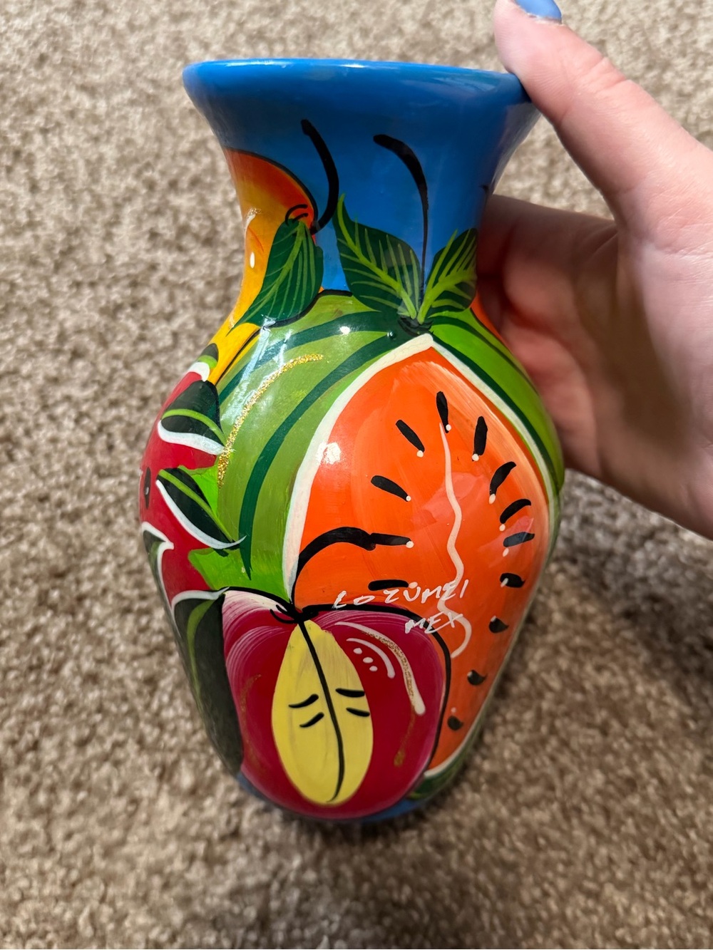 Hand-Painted Mexican Folk Art Vase – Bright Fruit Design, Colorful Decor